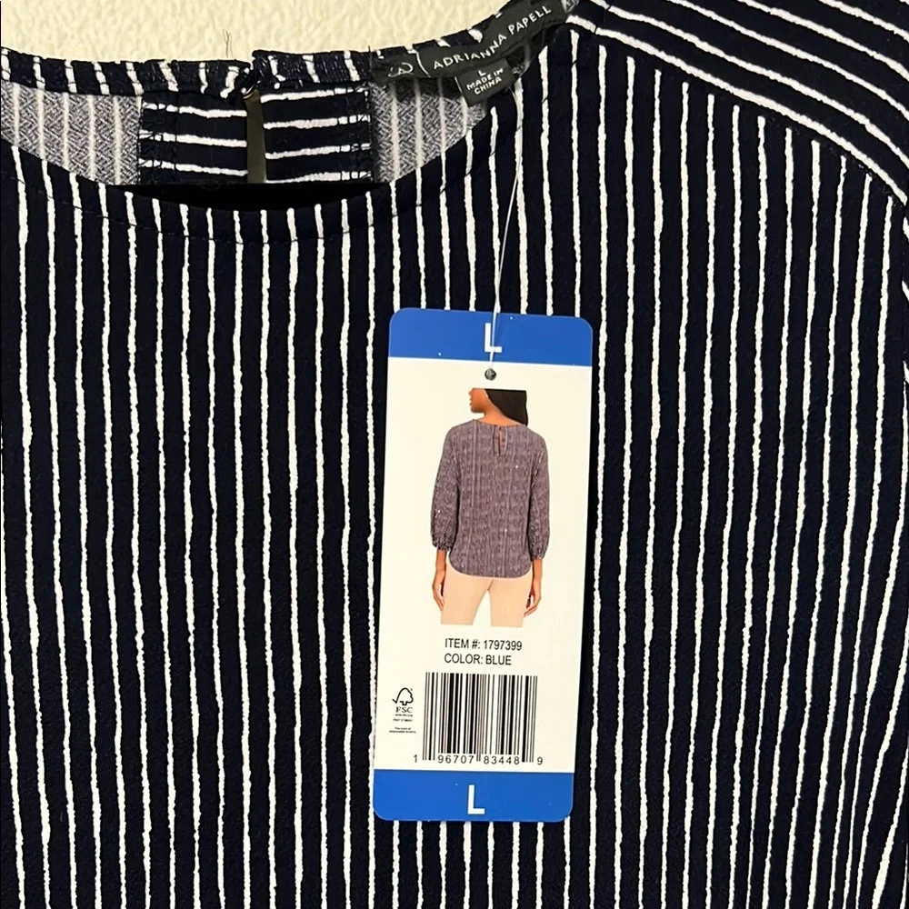 Adrianna Papell Navy and White Striped Blouse - Picture 4 of 5